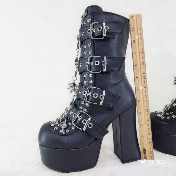 Demonia Charade Mace Charms Platform Chunky Heel Goth Mid Calf Boots - Picture 12 of 13